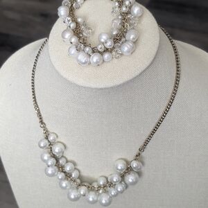 Vintage Glass Faux Pearl Necklace & Bracelet Set – Gold Tone Cluster